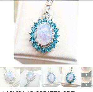 Lab Opal and teal blue cz necklace